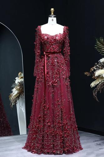 RC05 - فستان كم طويل مزين بزهور ثلاثية الابعاد عنا...