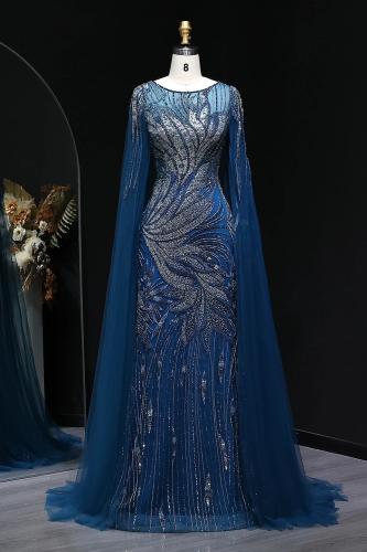 635 - فستان سهره شك كامل مع اكمام كاب ازرق مع فضي