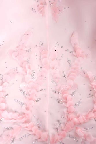RC111 فستان وردي فاتح مزين بأوراق ثلاثية الأبعاد