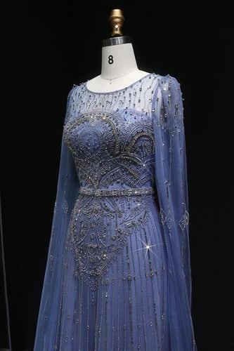 639 - فستان ازرق فاخر شك يدوي كامل اكمام كاب