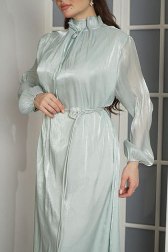 فستان فستان سهرة تركواز لامع بياقة عالية وأكمام طو...