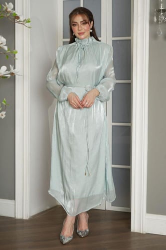 فستان فستان سهرة تركواز لامع بياقة عالية وأكمام طو...