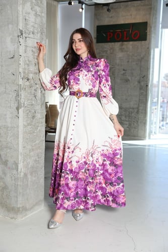 فستان مشجر طويل مع حزام باكمام طويلة