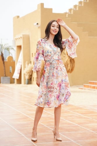 فستان مشجر قصير قطعتين شيفون مع بطانة طبي