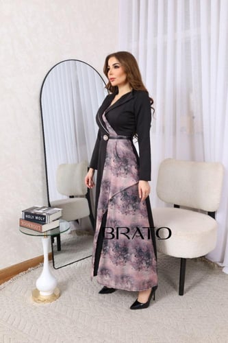 فستان كريب اسود مع شيفون مشجر