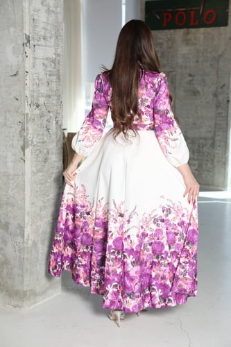 فستان مشجر طويل مع حزام باكمام طويلة