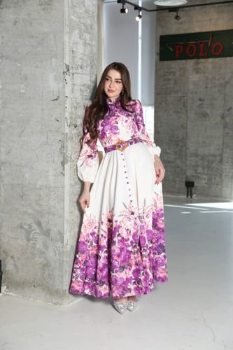 فستان مشجر طويل مع حزام باكمام طويلة