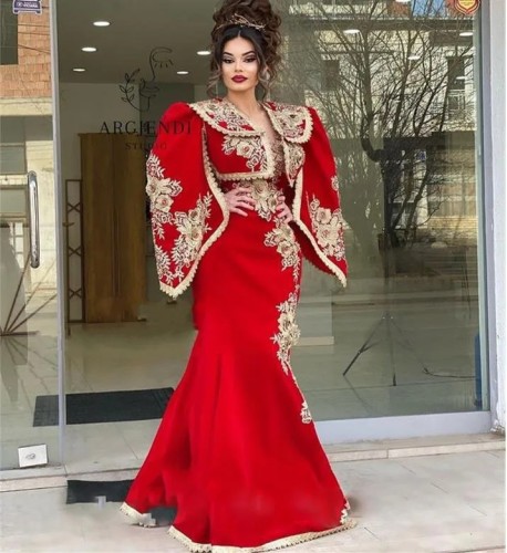 فساتين سهرة قفطان حورية البحر باللون الأحمر بأكمام...