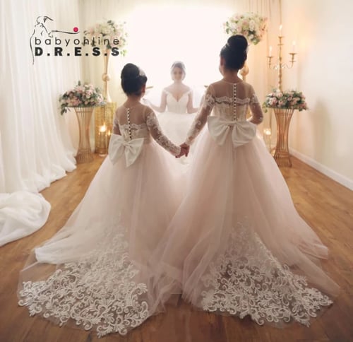 BABYONLINE كم طويل ابيض عاجي زهرة فتاة فساتين الخا...