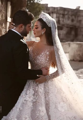 A-line فاخر كريستال الكرة ثوب الزفاف شفاف كم طويل...