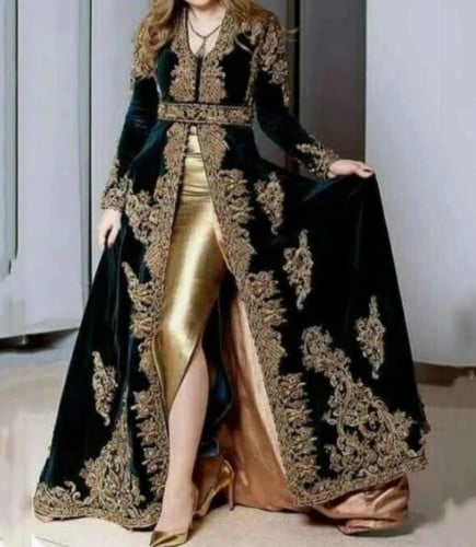 فستان سهرة مخملي برقبة دائرية ، أكمام طويلة ، بطول...