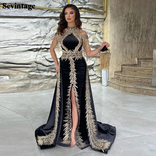Sevintage-فستان حفلة موسيقية أسود نبيل ، طول الأرض...