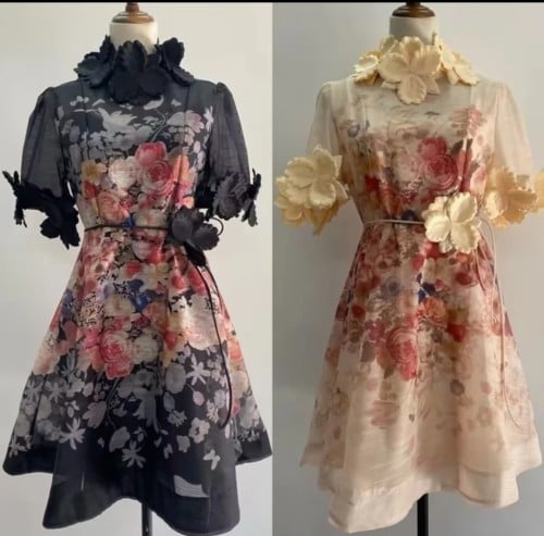 فستان نسائي متوسط الطول مطبوع بياقة قائمة ، كلاسيك...