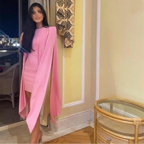 فساتين سهرة أنيقة قصيرة وردي كريب مسلم غمد طول الر...