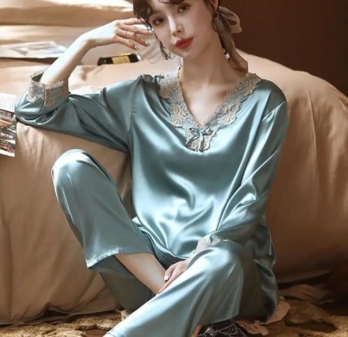 مجموعات بيجامة من الحرير الجليدي للنساء ، أكمام طو...