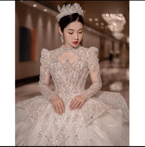 رقبة عالية كم طويل فستان الزفاف زائد حجم Vestido D...
