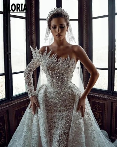 زفاف من Vestido De Novia لؤلؤي فاخر مع ذيل قابل لل...
