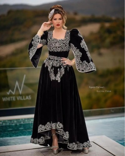 فساتين سهرة قفطان مغربي أسود مخملي ، أكمام طويلة ،...
