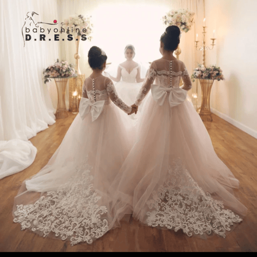 BABYONLINE كم طويل ابيض عاجي زهرة فتاة فساتين الخا...