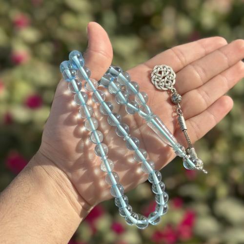 سبحة بكلايت شفاف مع خيط سماوي