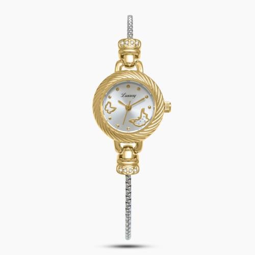 ساعة نسائية فري سايز باللون الفضي والذهبي