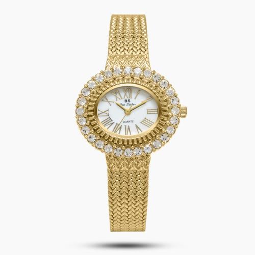 ساعة نسائية حصير باللون الذهبي ميناء ابيض