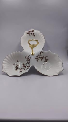 Three-piece nut serving dish with gold handle, 27...