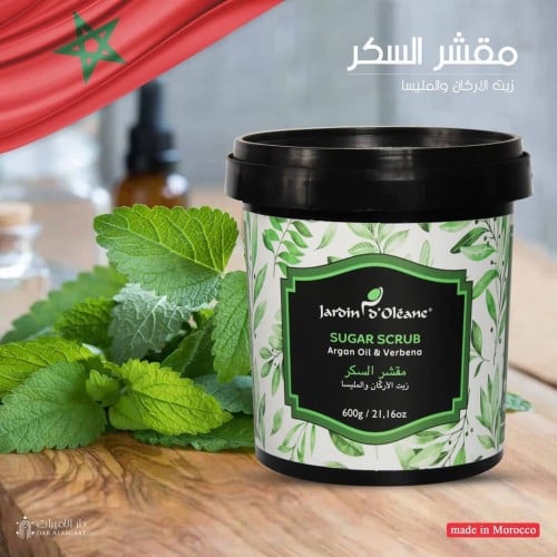 Sugar scrub, argan oil, and melissa