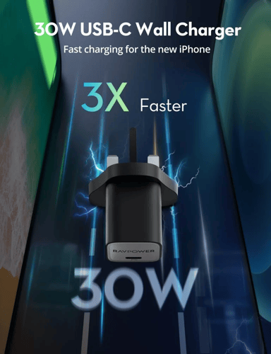 راڤ باور شاحن جداري GaN بمنفذ USB-C بقوة 30W – أسو...