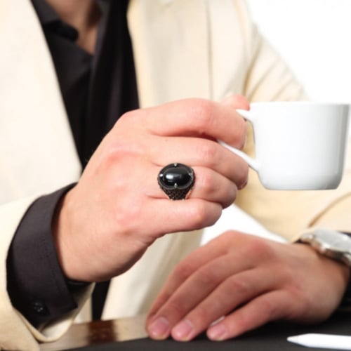 خاتم رجالي اسود سادة - فضة عيار 925 - خاتم الأمين
