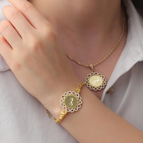 طقم فضة بالاسم مطلي بالذهب عيار 18 - طقم جوري