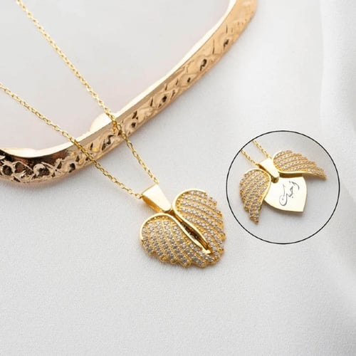سلسلة فضة بالاسم مطلية بالذهب - سلسال القلب المجنح