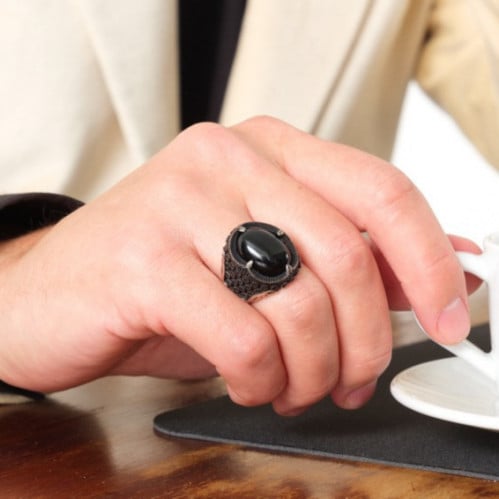 خاتم رجالي اسود سادة - فضة عيار 925 - خاتم الأمين