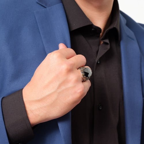 خاتم رجالي فخم حجر اسود - فضة عيار 925 - خاتم الرض...