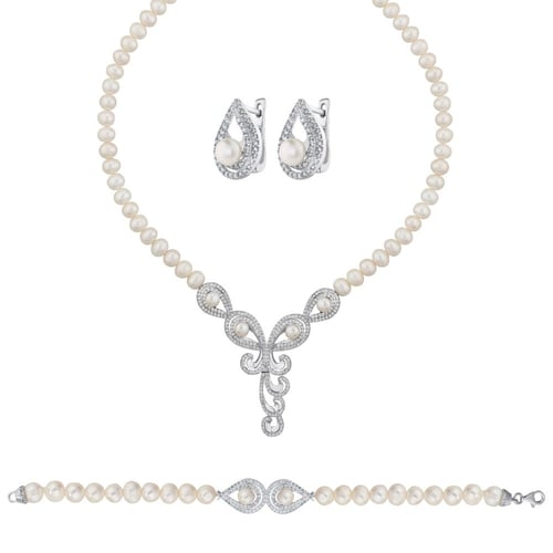 طقم إشراقة - طقم لؤلؤ طبيعي زراعي - فضة عيار 925