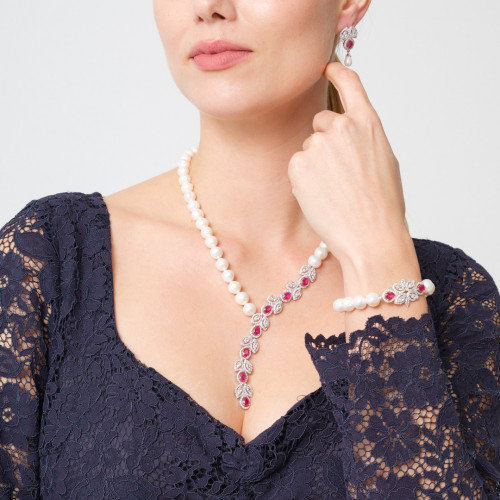 طقم احجار حمراء - طقم لؤلؤ طبيعي زراعي - فضة عيار...