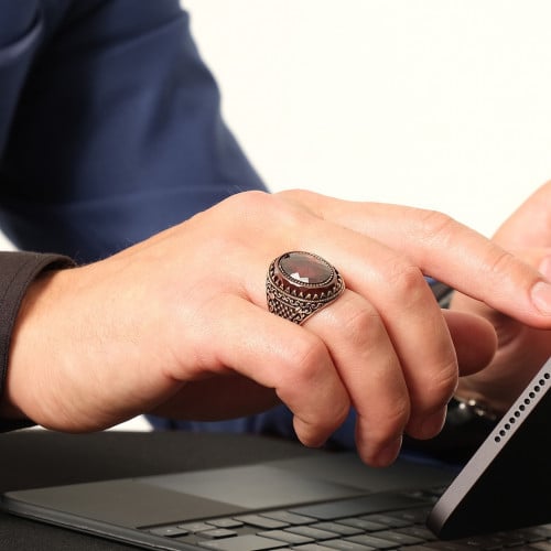 خاتم فضة رجالي لون احمر قاني - فضة عيار 925 - خاتم...