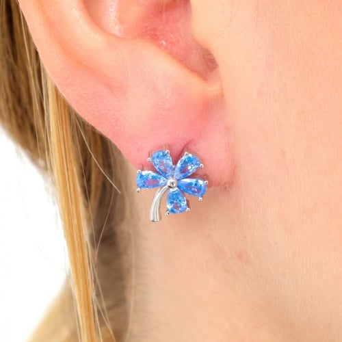 حلق فضة مطلي ذهب - أحجار لون أزرق - حلق زهرة الحب