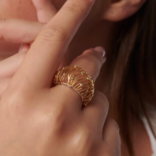 خاتم نسائي مطلي ذهب - فضة عيار 925 - خاتم خيوط الش...