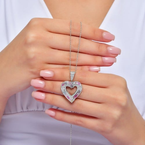 قلادة قلبي المشرق لون فضي وأحجار الزيركون الملونة