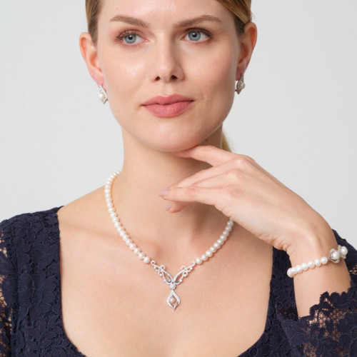 طقم الهنوف - طقم لؤلؤ زراعي طبيعي - فضة عيار 925