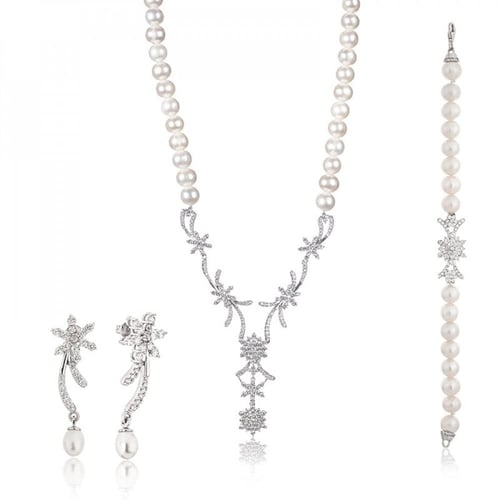 طقم وَرد - طقم لؤلؤ طبيعي زراعي - فضة عيار 925