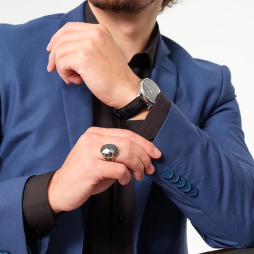 خاتم رجالي فخم حجر اسود - فضة عيار 925 - خاتم الرض...