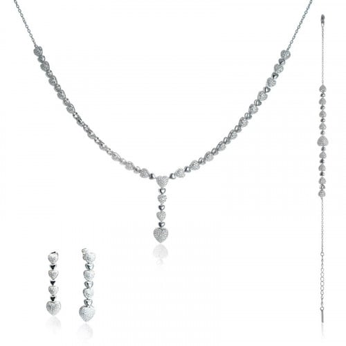 طقم فضة نسائي عيار 925 مرصع بأحجار زركون - طقم قلو...