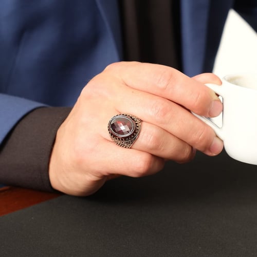 خاتم فضة رجالي لون احمر قاني - فضة عيار 925 - خاتم...