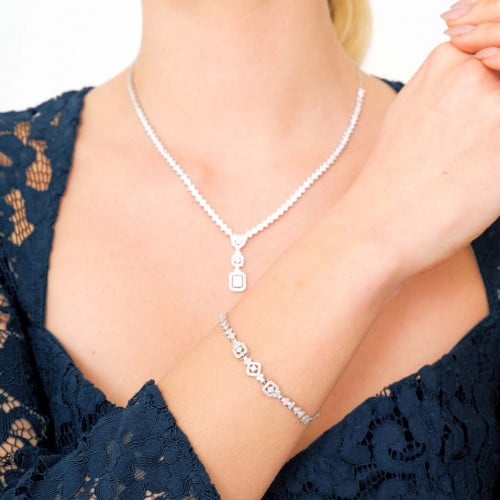 طقم مجوهرات فضة 925 مرصع بأحجار زركون مطلي روديوم...