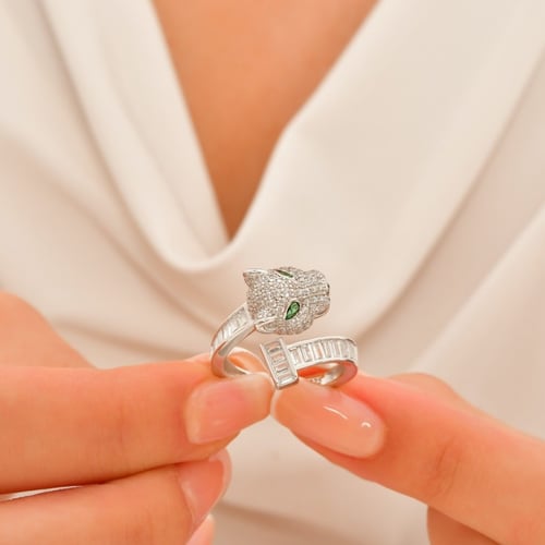 خاتم رأس نمر - خاتم فضة نسائي مرصع بحجر زركون