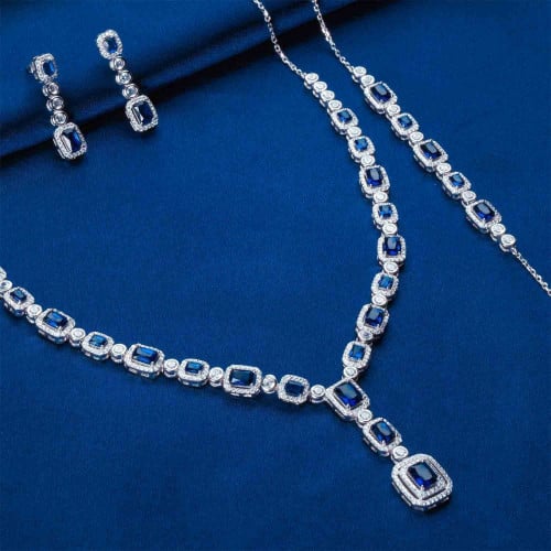 طقم مجوهرات فضة عيار 925 - أحجار زرقاء - طقم باغيت