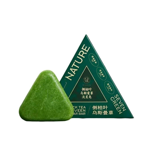 Seven Green herbal natural anti-hair fall shampoo soap, green, triangular shape, for scalp care and strengthening hair roots