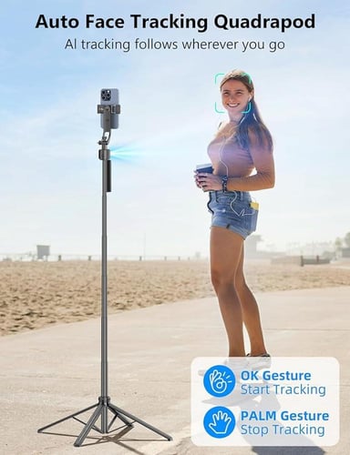 عصا سيلفي - حامل تصوير ذكي بتتبع الوجه AI 360° وقا...